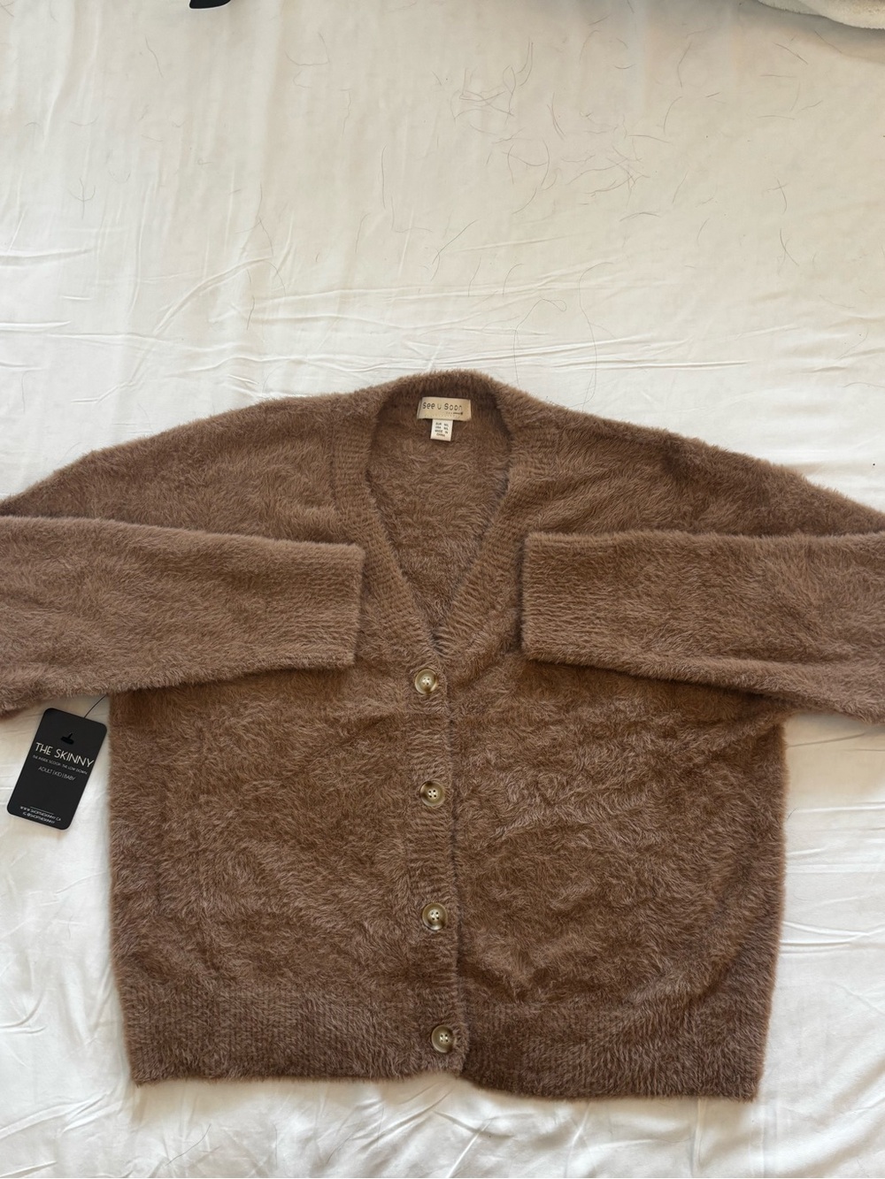 Free People Brown Fuzzy V-Neck Button Cardigan Sweater